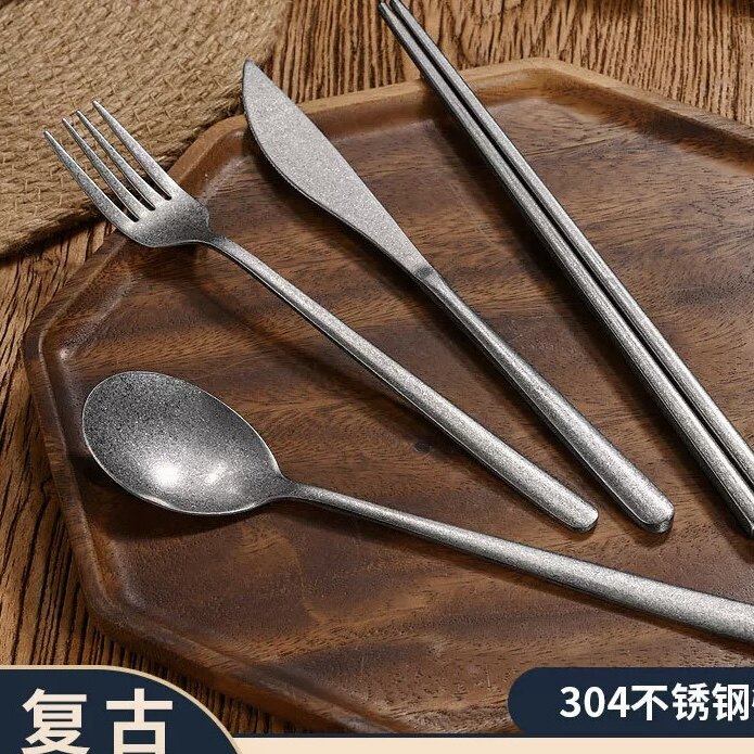 复古304不锈钢筷子做旧烤肉方形防滑筷勺商用餐厅勺子刀叉餐具