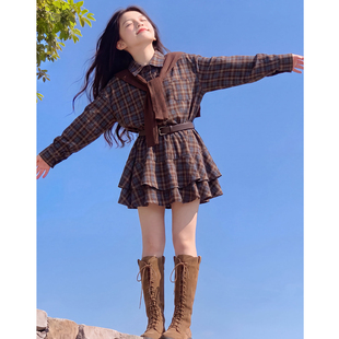 女童秋装连衣裙2026新款洋气儿童复古格纹裙子两件套女孩春秋款潮