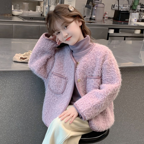 女童秋冬外套2025新款儿童网红洋气小香风加厚毛呢大衣女孩冬装潮