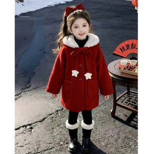 女童冬装外套2026新款儿童洋气时髦红色爆款加厚呢子大衣女孩冬款