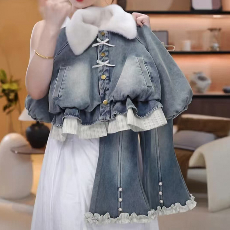 女童冬装套装2025新款洋气儿童时髦加厚保暖牛仔两件套冬季休闲装