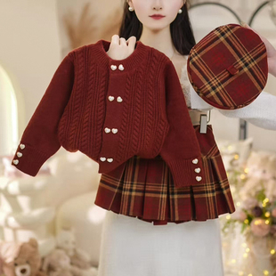 女童冬装套装2025新款洋气儿童时髦针织百褶裙两件套女孩冬季衣服