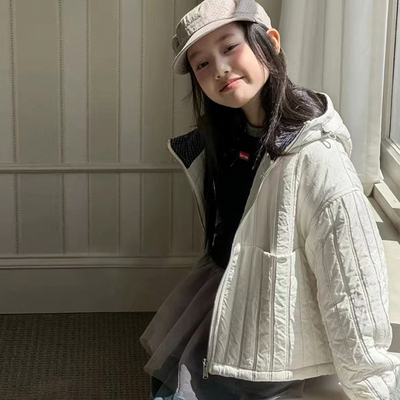 女童棉服冬季2025新款洋气童装竖条夹棉加厚连帽外套女孩冬装衣服