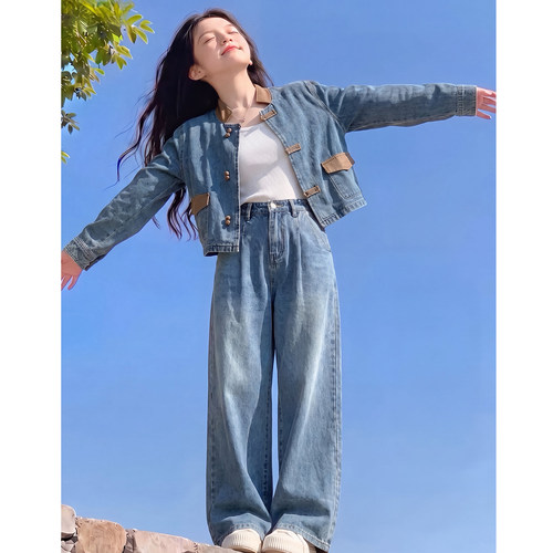 女童秋装外套2026新款儿童时髦炸街复古牛仔两件套女孩春秋款上衣