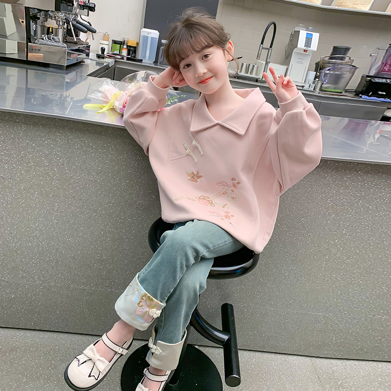 女童春装套装2026新款儿童网红洋气国风中式春秋款女孩卫衣两件套