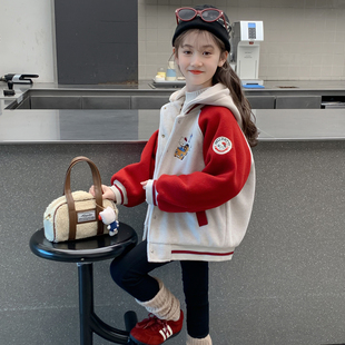 女童冬装2025新款外套儿童网红洋气夹棉加厚女孩红色爆款棒球服潮