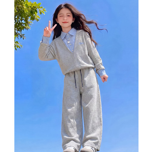 女童秋装套装2026新款儿童时髦拼接衬衫领两件套女孩春秋款衣服潮