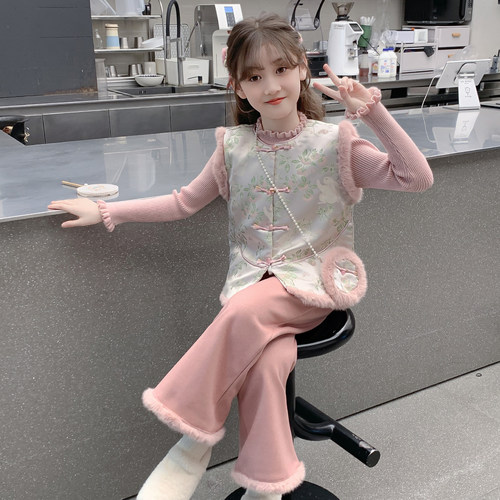 女童秋冬套装2025新款儿童洋气汉服中式国风加绒加厚女孩冬装古风