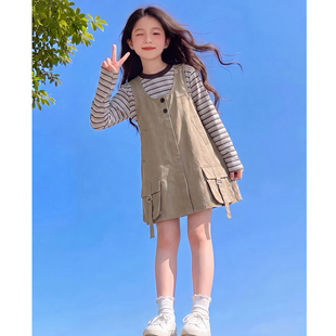 女童秋装套装2026新款儿童时髦条纹背带裙两件套女孩春秋款衣服潮