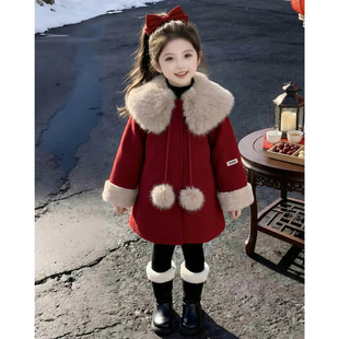 女童外套2026新款冬装儿童洋气时髦爆款红色呢子大衣女孩过年衣服