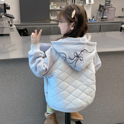 女童秋冬款外套2025新款儿童网红洋气夹棉加厚连帽棒球服女孩冬装
