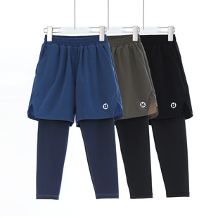 男童假两件运动裤秋冬款加绒速干紧身高弹力打篮球跑步打底训练裤