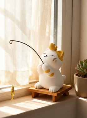 创意钓鱼猫咪树脂桌面摆件解压