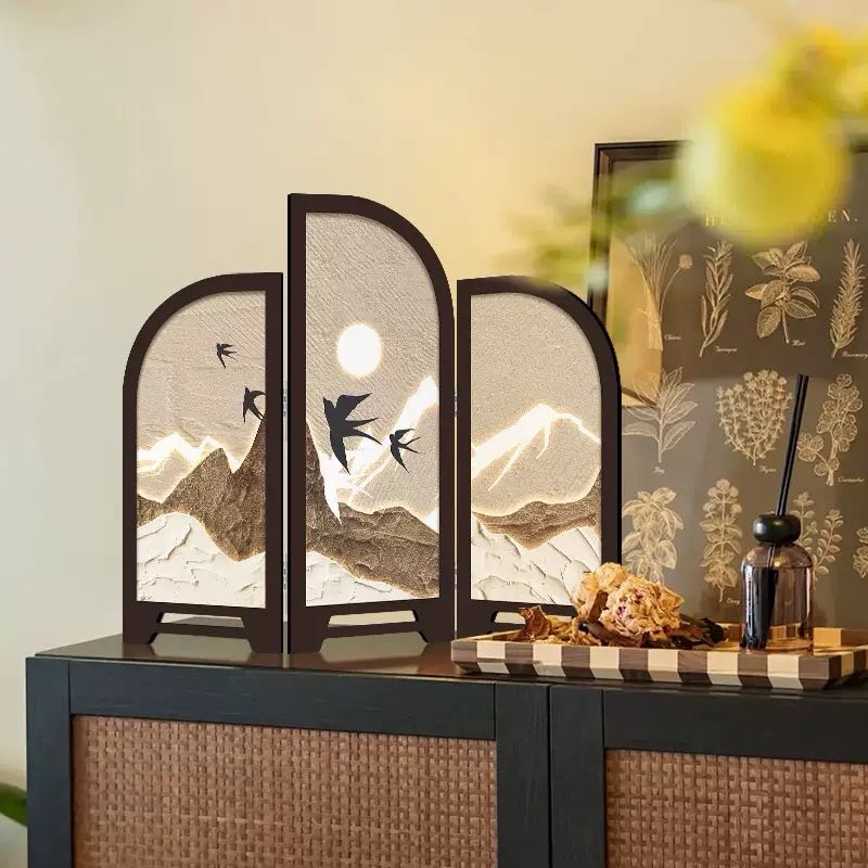 新中式山水国学摆件木质发光屏风