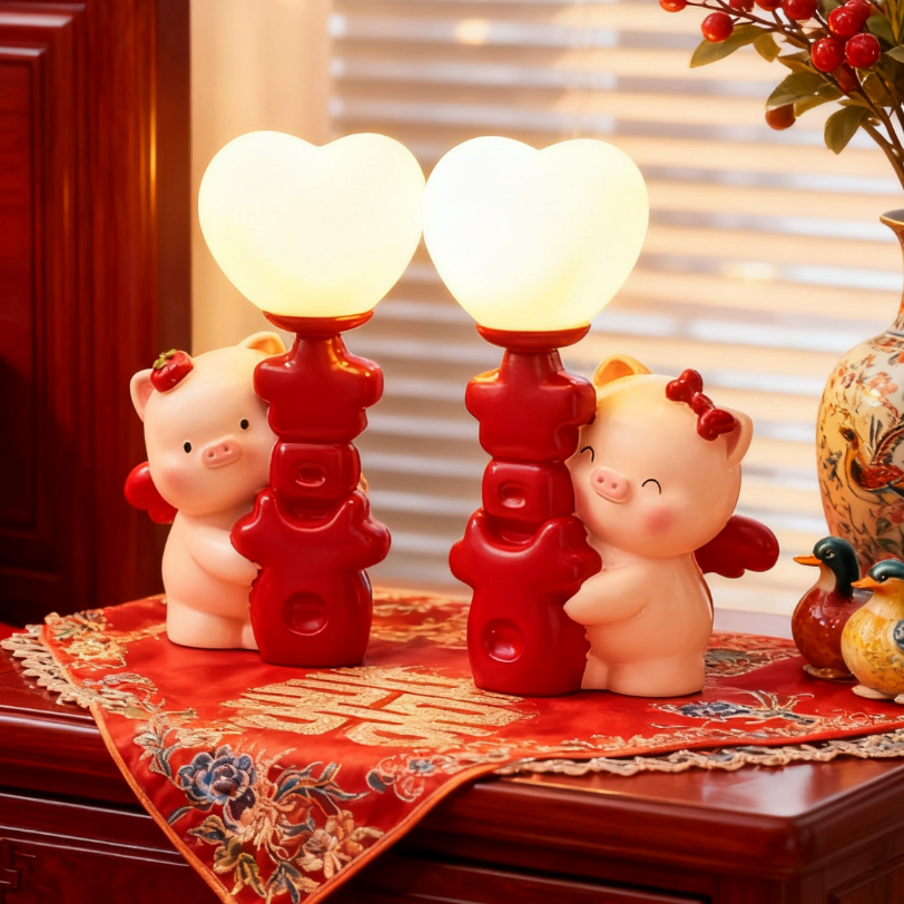 新中式猪年LED台灯婚庆红色心形灯罩树脂桌面装饰灯新年礼物,节庆用品/礼品,装饰灯,淘宝优惠券,粉丝福利购,淘宝优惠卷