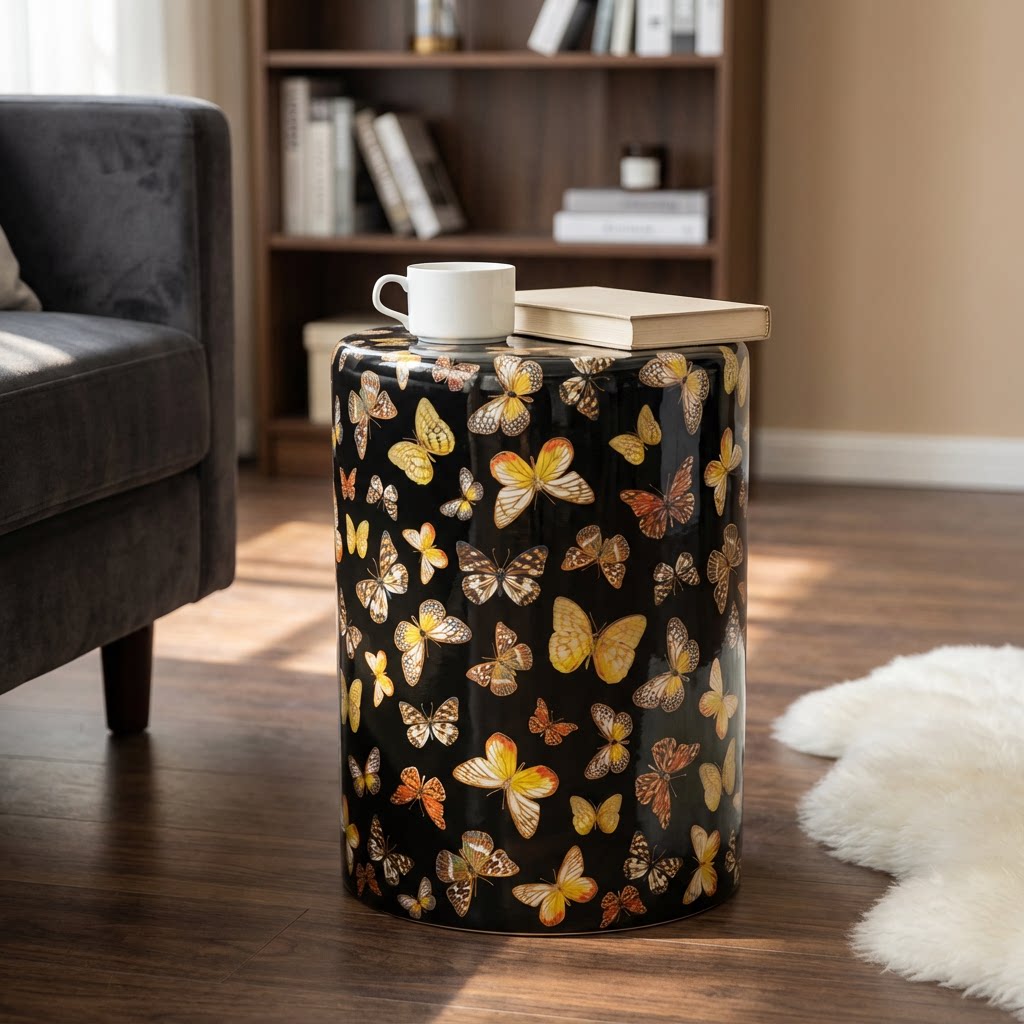 创意蝴蝶图案陶瓷圆凳客厅多功能装饰凳手绘艺术摆件