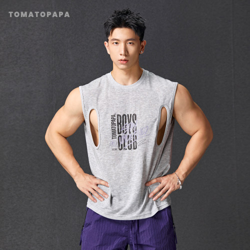 TOMATOPAPA美式复古男士背心莱赛尔字母做旧宽松健身坎肩无袖套头