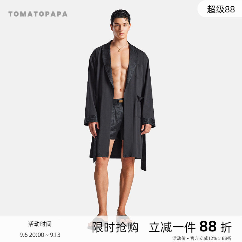 TOMATOPAPA睡袍棉中长款铜氨丝古巴领腰带晨袍居家性感浴袍睡衣男