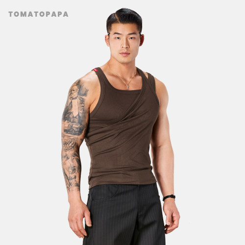 TOMATOPAPA男士高弹套头背心双层叠穿健身运动显身材双肩带汗背心