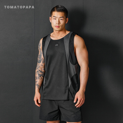 TOMATOPAPA网眼透气运动拼接撞色背心男夏季新款跑步凉感无袖t恤