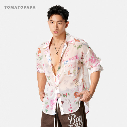 TOMATOPAPA宽松涂鸦复古衬衫男女翻领长袖沙滩旅游夏日花园花卉图