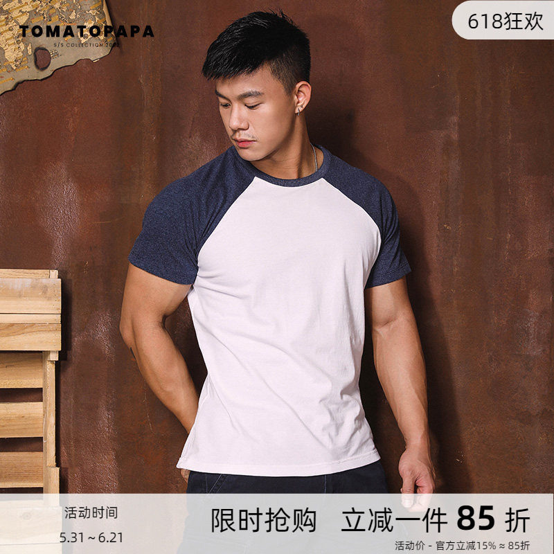 TOMATOPAPA欧美原创街头撞色插肩袖t恤学院拼色圆领运动T恤青年男