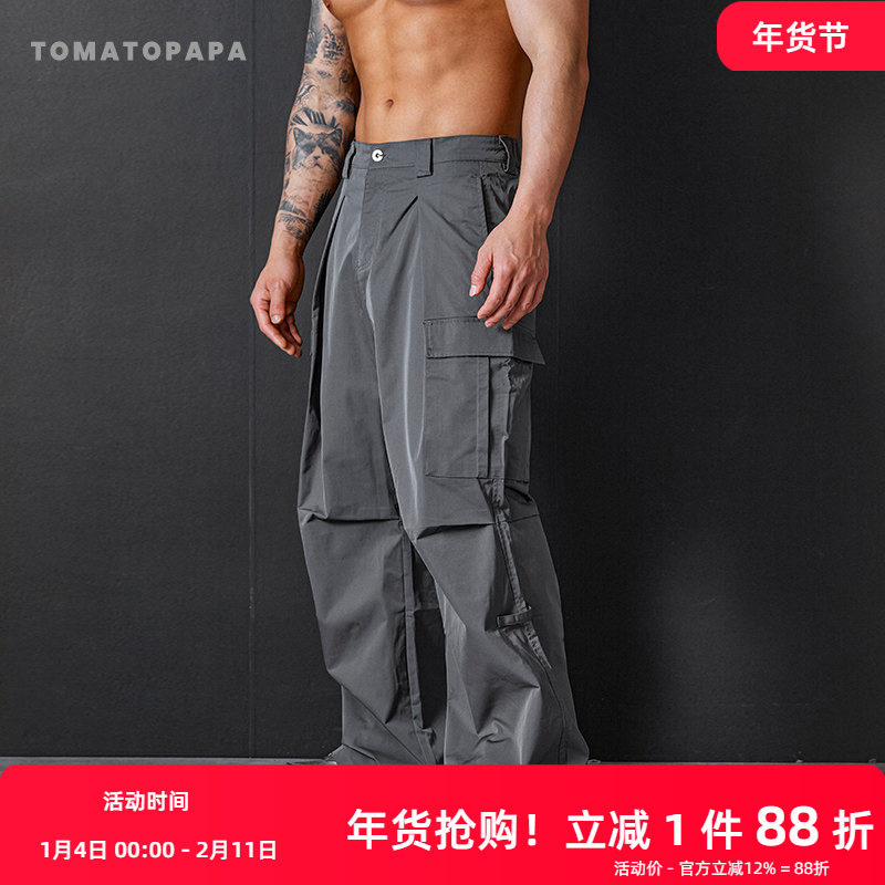 TOMATOPAPA街头复古多褶皱工装裤降落伞兵裤宽松阔腿休闲直筒裤,男装,休闲裤,淘宝优惠券,粉丝福利购,淘宝优惠卷