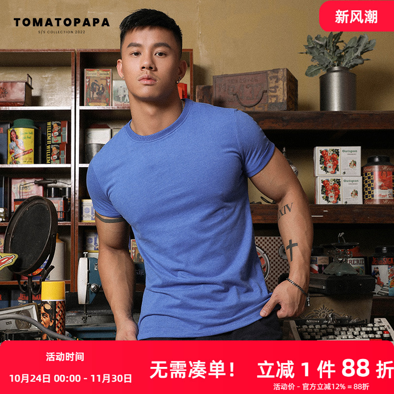 欧美风运动纯色型男健身圆领短袖