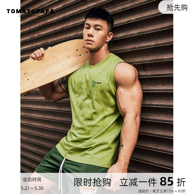 TOMATOPAPA背心23夏简约潮印花坎肩无袖体恤健身运动青年男生上衣