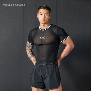 短款 修身 高弹性感运动健身男上衣 网纱短袖 TOMATOPAPA春夏2025新款