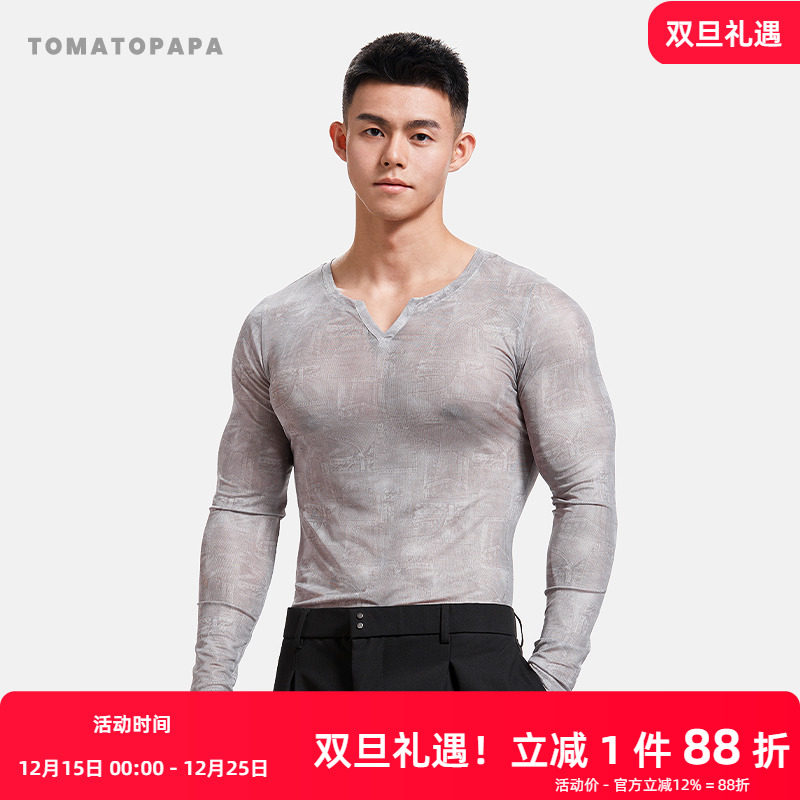 TOMATOPAPA长袖t恤网纱秋冬V领运动打底衫高弹运动健身男士长袖衫