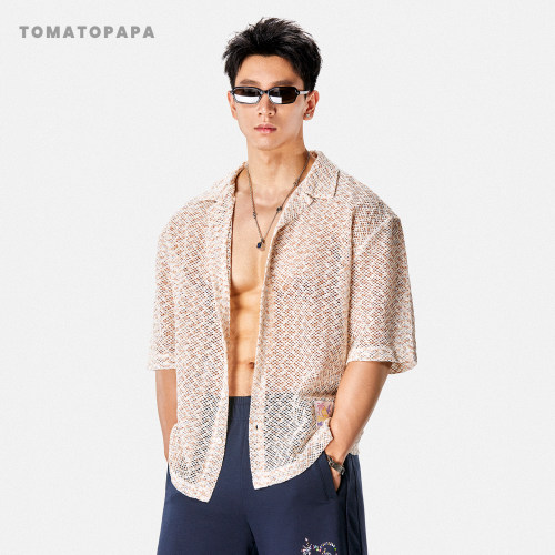 TOMATOPAPA复古镂空短袖衬衫男士夏季度假风宽松透气休闲翻领衬衣