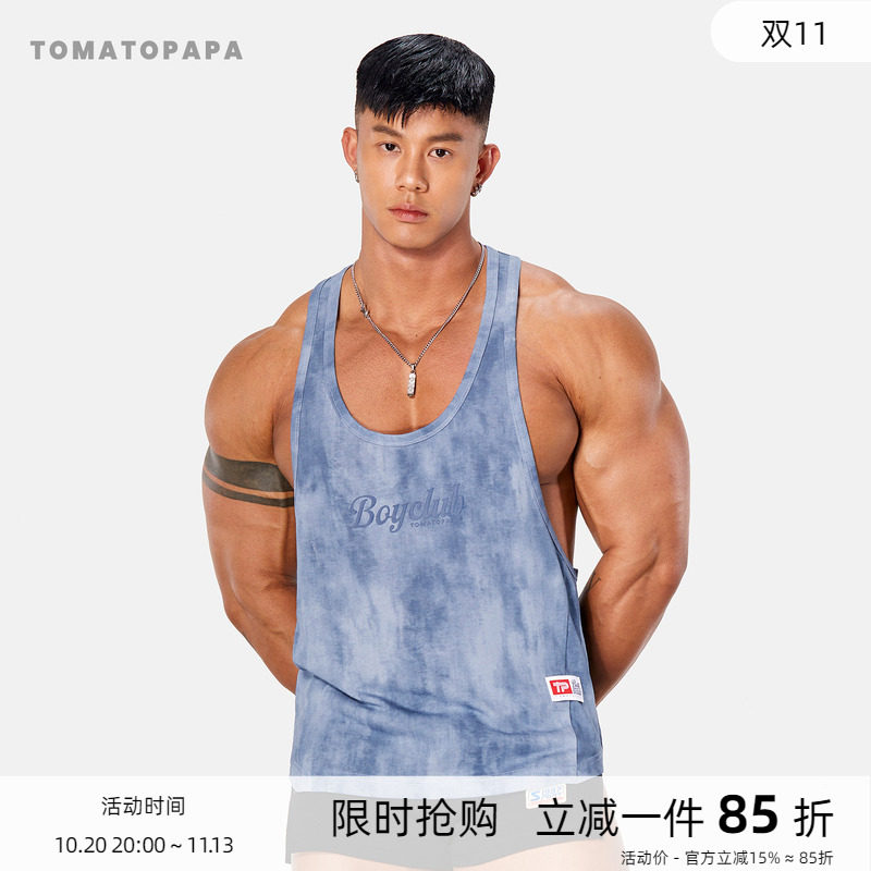 TOMATOPAPA美式印花背心男士宽松运动健身训练外穿吊带工字汗背心