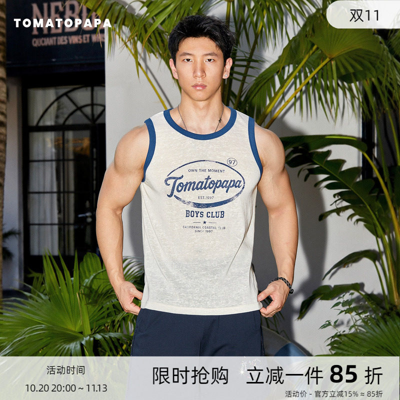 TOMATOPAPA美式复古男士背心夏撞色外穿竹节棉做旧印花运动健身衫