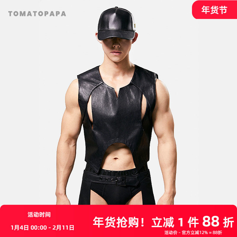 TOMATOPAPA复古马甲水洗皮无袖坎肩性感拼接pu皮背心外套上衣,男装,常规马甲,淘宝优惠券,粉丝福利购,淘宝优惠卷