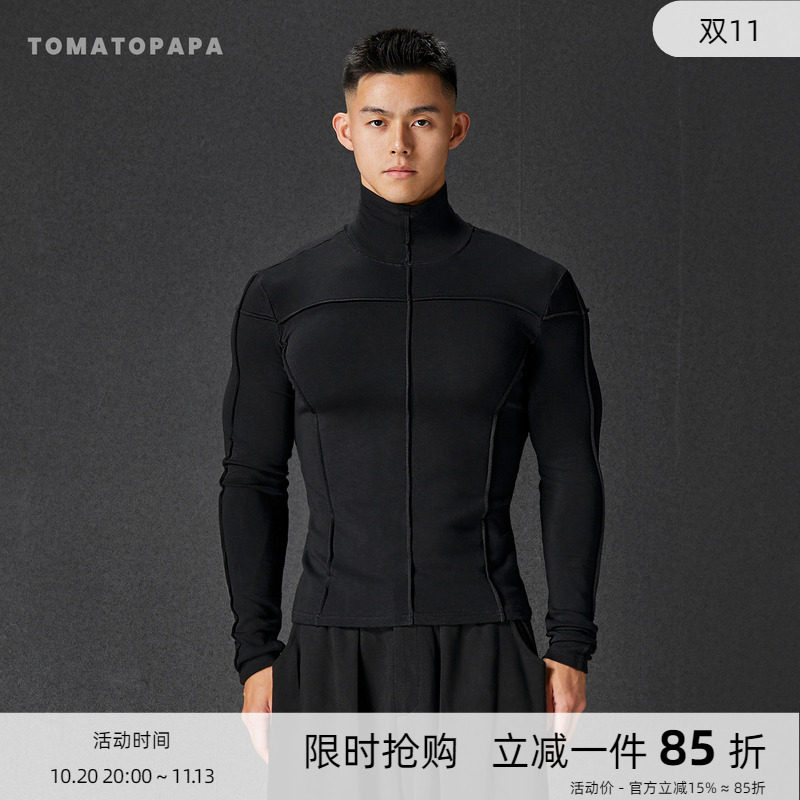 TOMATOPAPA运动风立领长袖T恤男中领健身训练服修身保暖套头打底t