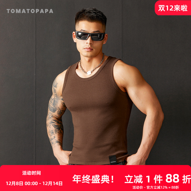 TOMATOPAPA加粗螺纹背心2025夏季男美式训练纯色健身运动打底衫