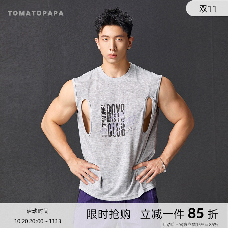 TOMATOPAPA美式复古男士背心莱赛尔字母做旧宽松健身坎肩无袖套头