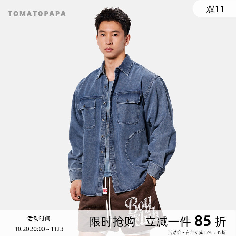 TOMATOPAPA美式复古牛仔衬衫翻领男春季宽松纽扣开衫长袖衬衣外套