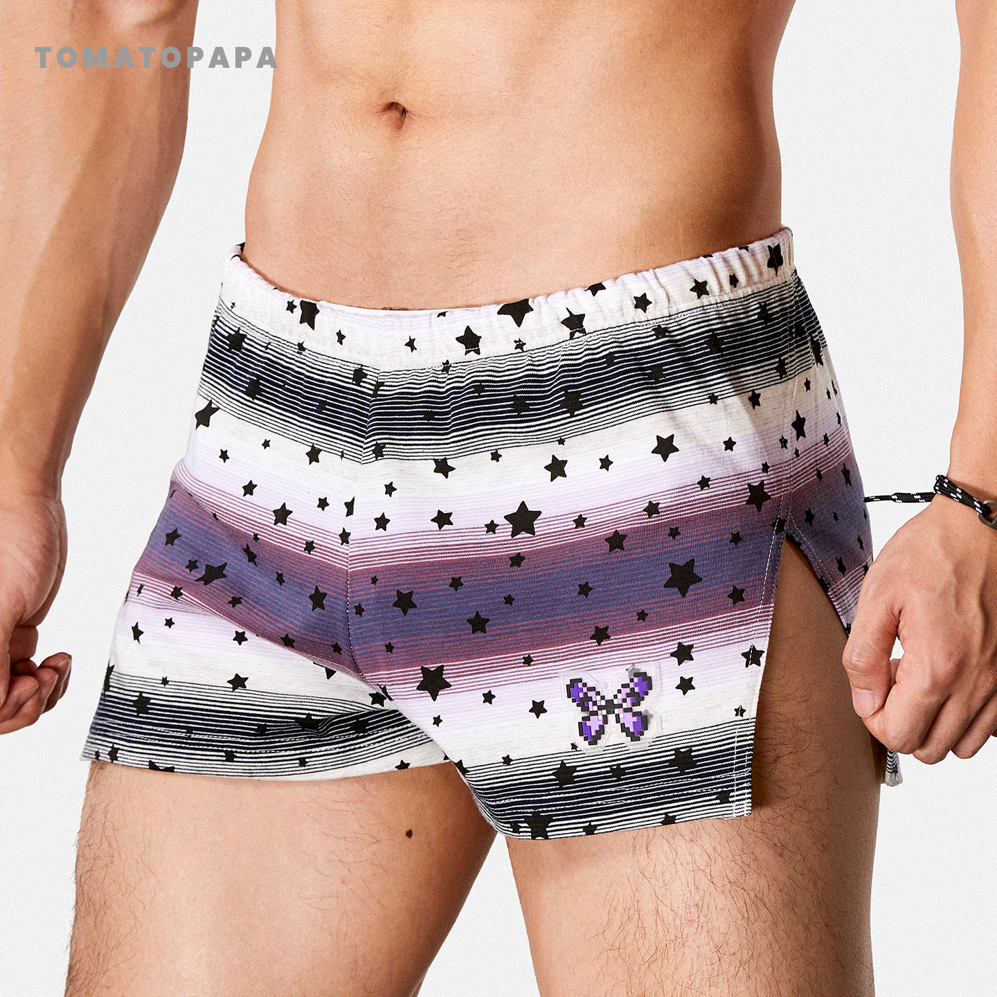 TOMATOPAPA男士运动短裤星纹紫条纹印花渐变三分裤跑步训练休闲裤
