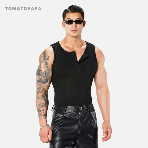TOMATOPAPA修身螺纹背心男外穿健身弹力贴身打底衫运动显身材汗衫