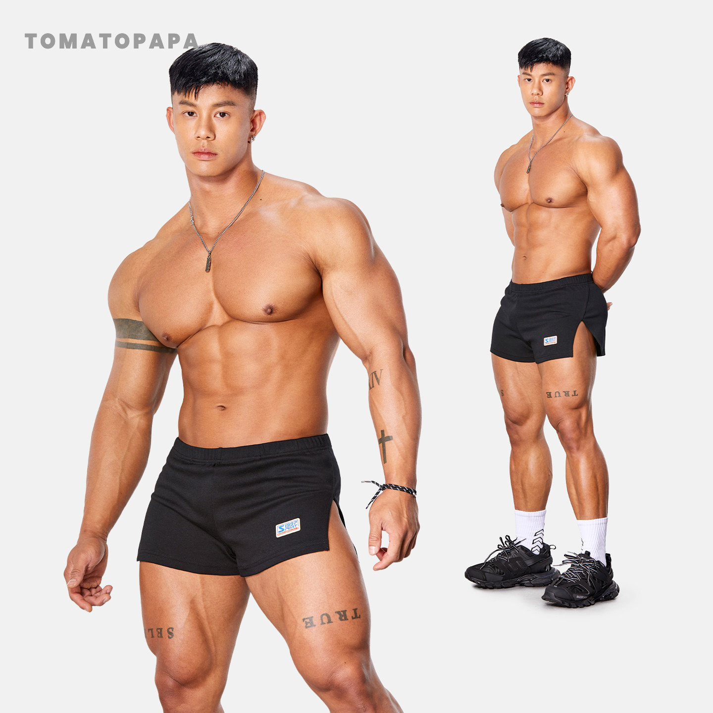 TOMATOPAPA运动风修身直筒短裤男开叉健身裤中低腰训练跑步三分裤