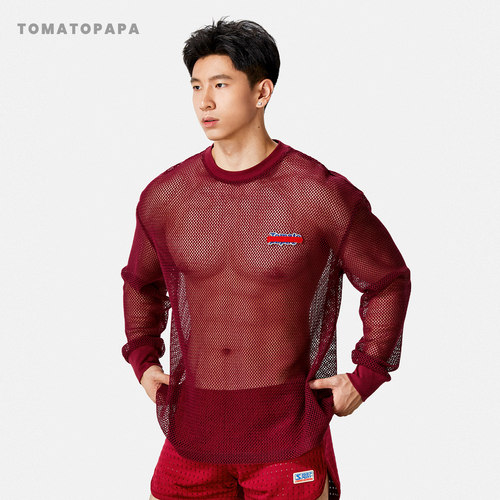 TOMATOPAPA男士长袖T恤透气镂空运动网格网孔套头运动宽松健身衣