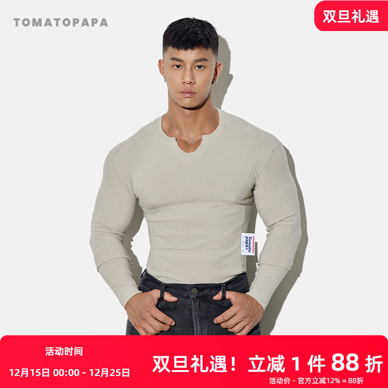 TOMATOPAPA长袖T恤24秋冬基础百搭纯色打底衫健身训练青年运动衣