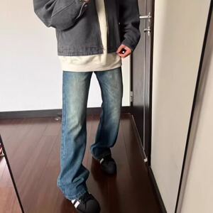 美式复古蓝色cleanfit微喇修身牛仔裤男高街潮牌百搭vibe风长裤子