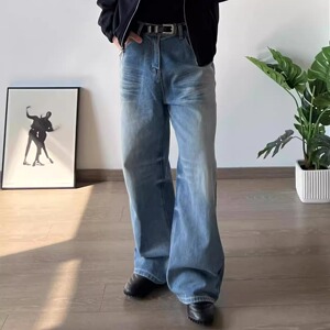 美式复古cleanfit浅蓝色微喇修身牛仔裤男高街潮牌百搭阔腿长裤子