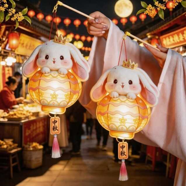 中秋节儿童灯笼手工diy手提玉兔小灯笼挂饰古风中式宫灯竹编花灯