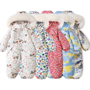 跨境专供连帽薄款滑雪服儿童连体衣外出服2025冬季新款宝宝爬服