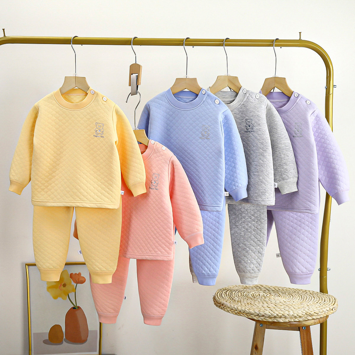 儿童保暖内衣套装男童纯棉加厚女童三层夹肩扣棉睡衣秋衣加绒秋裤