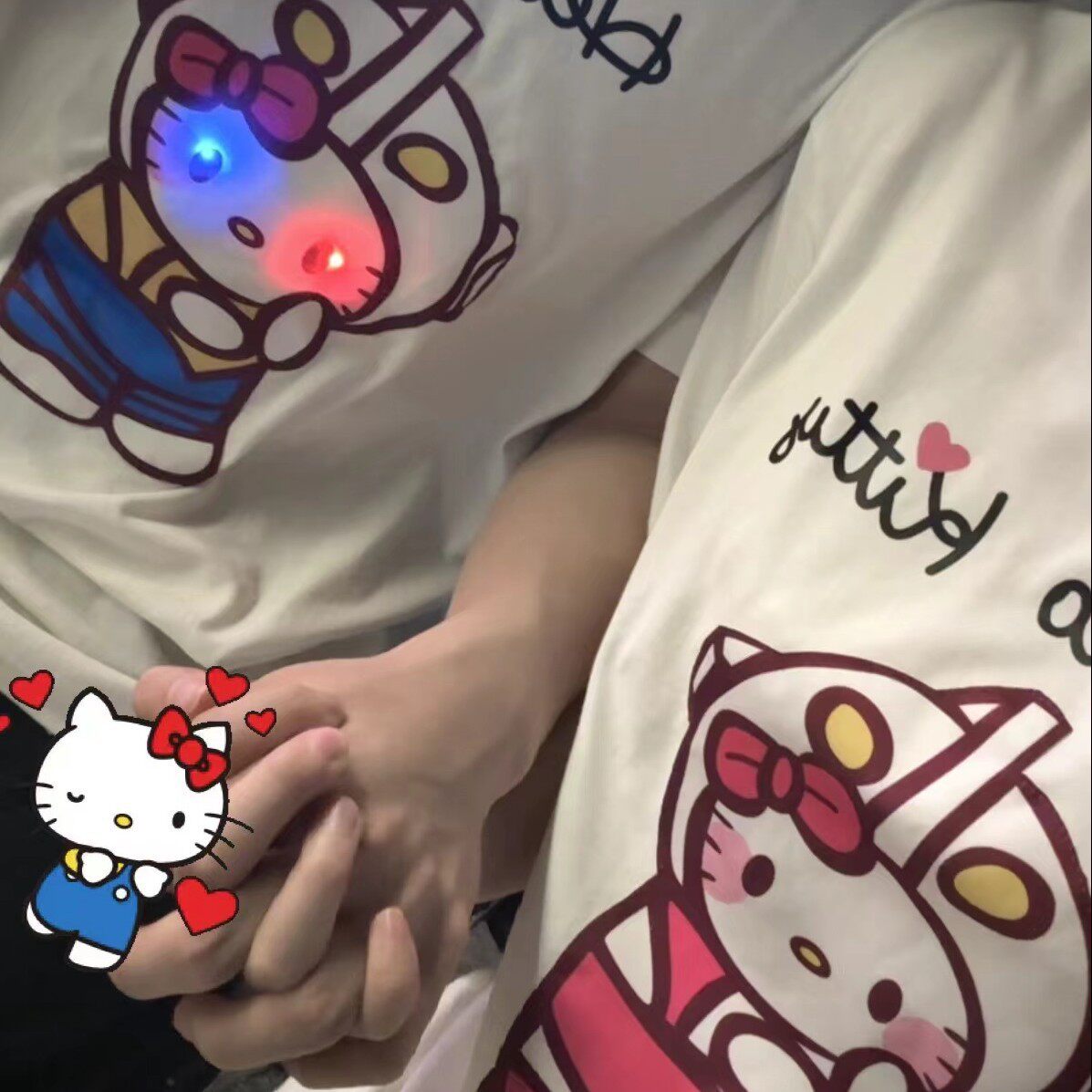 纯棉发光KT猫情侣装潮牌卡通女童夏季新款眼睛闪光情侣T恤亲子装